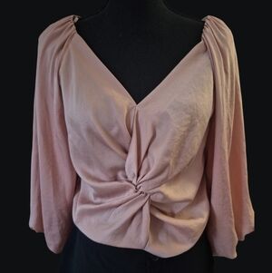 Mustard Seed Peach Twist-Front Wide-Sleeve Satin Blouse - Size Medium